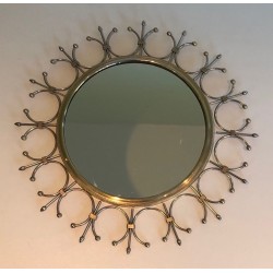 Modernist Brass and Brushed Steel Floral Wreath Sunburst Mirror. France. Circa 1970.