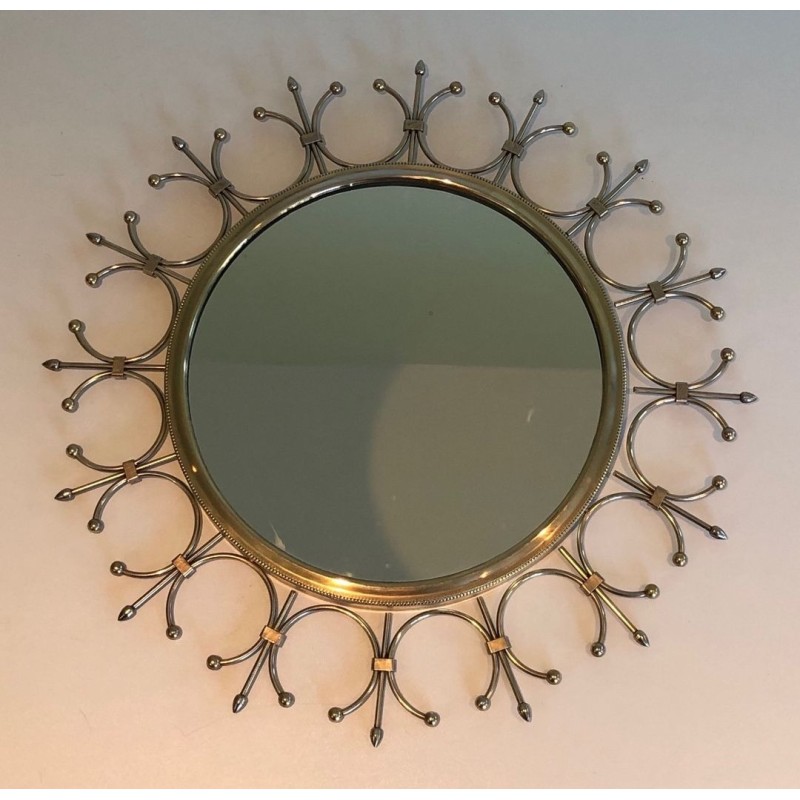 Modernist Brass and Brushed Steel Floral Wreath Sunburst Mirror. France. Circa 1970.