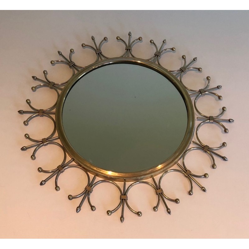 Modernist Brass and Brushed Steel Floral Wreath Sunburst Mirror. France. Circa 1970.