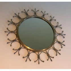 Modernist Brass and Brushed Steel Floral Wreath Sunburst Mirror. France. Circa 1970.