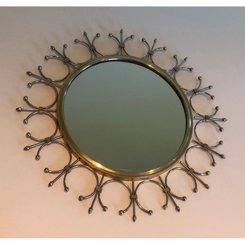 Modernist Brass and Brushed Steel Floral Wreath Sunburst Mirror. France. Circa 1970.