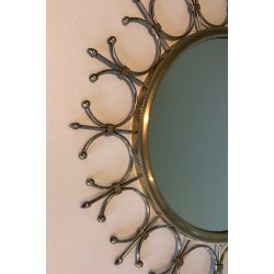 Modernist Brass and Brushed Steel Floral Wreath Sunburst Mirror. France. Circa 1970.
