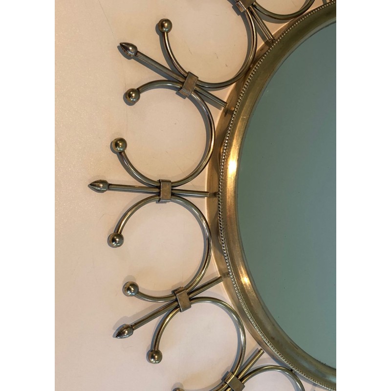 Modernist Brass and Brushed Steel Floral Wreath Sunburst Mirror. France. Circa 1970.