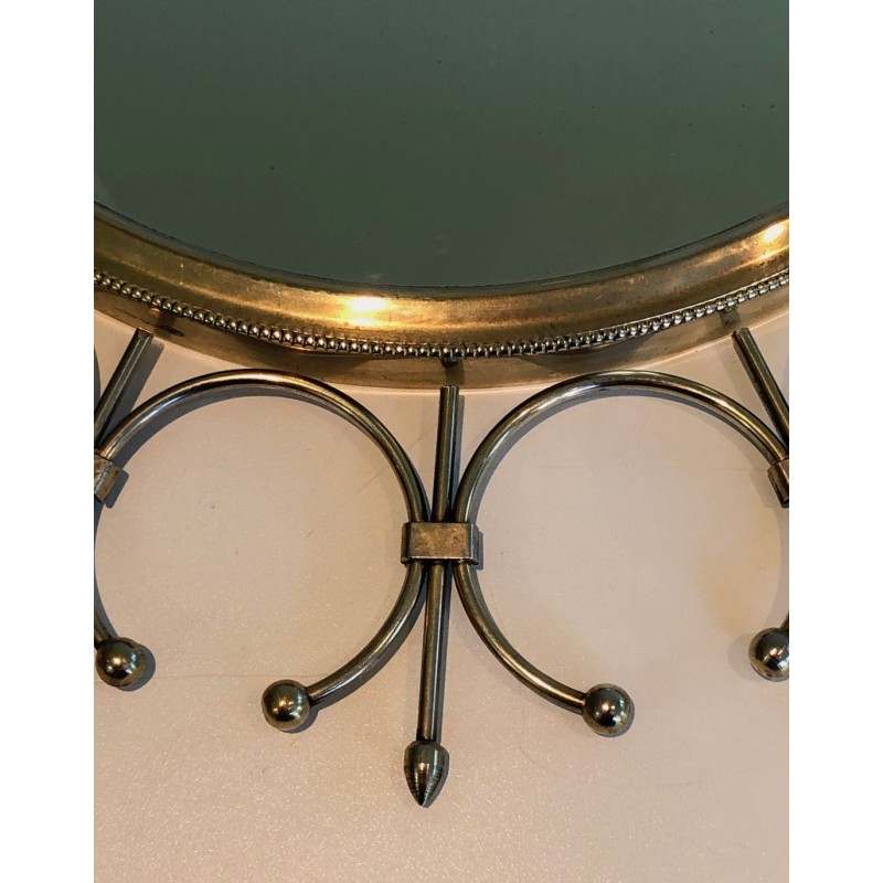 Modernist Brass and Brushed Steel Floral Wreath Sunburst Mirror. France. Circa 1970.