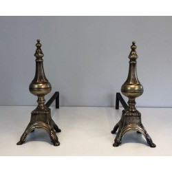 Pair of Louis XVI Style Chiseled Bronze and Wrought Iron Andirons with Urn Finials. France. 19th Century.