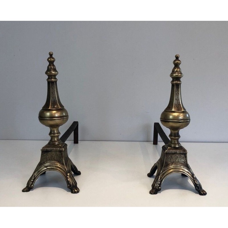 Pair of Louis XVI Style Chiseled Bronze and Wrought Iron Andirons with Urn Finials. France. 19th Century.