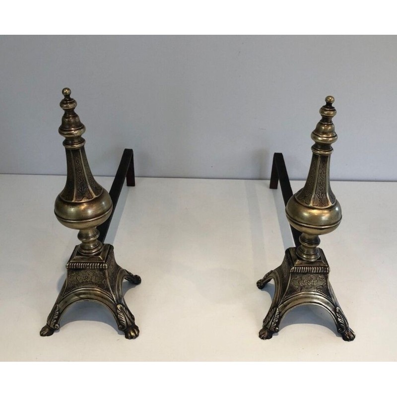 Pair of Louis XVI Style Chiseled Bronze and Wrought Iron Andirons with Urn Finials. France. 19th Century.