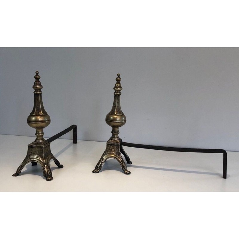 Pair of Louis XVI Style Chiseled Bronze and Wrought Iron Andirons with Urn Finials. France. 19th Century.