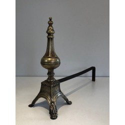 Pair of Louis XVI Style Chiseled Bronze and Wrought Iron Andirons with Urn Finials. France. 19th Century.