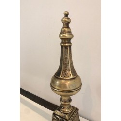 Pair of Louis XVI Style Chiseled Bronze and Wrought Iron Andirons with Urn Finials. France. 19th Century.