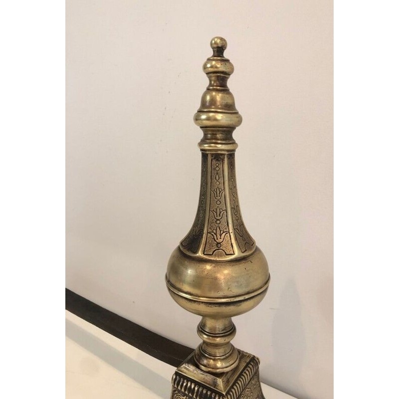 Pair of Louis XVI Style Chiseled Bronze and Wrought Iron Andirons with Urn Finials. France. 19th Century.