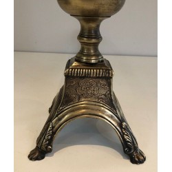 Pair of Louis XVI Style Chiseled Bronze and Wrought Iron Andirons with Urn Finials. France. 19th Century.