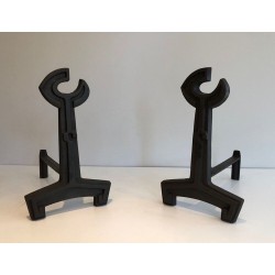 Pair of Modernist Cast Iron Andirons with Open-Ring Finials. France. Circa 1950.