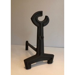 Pair of Modernist Cast Iron Andirons with Open-Ring Finials. France. Circa 1950.