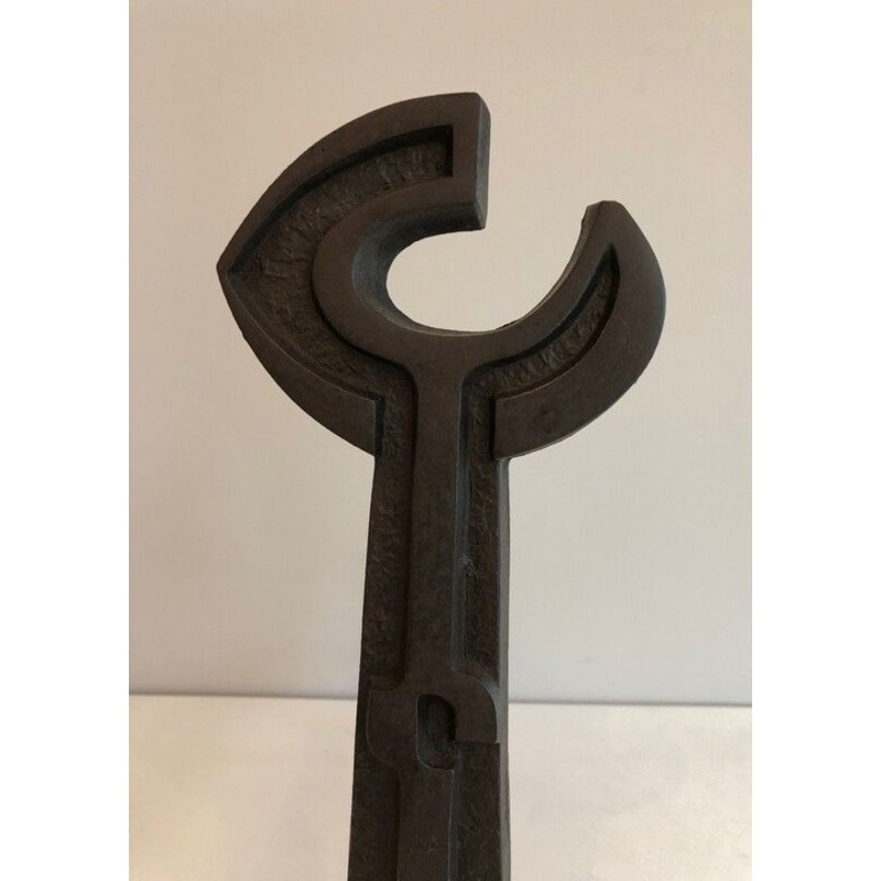 Pair of Modernist Cast Iron Andirons with Open-Ring Finials. France. Circa 1950.