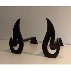 Pair of Modernist Cut-Steel Flame-Form Andirons. France. Circa 1970.