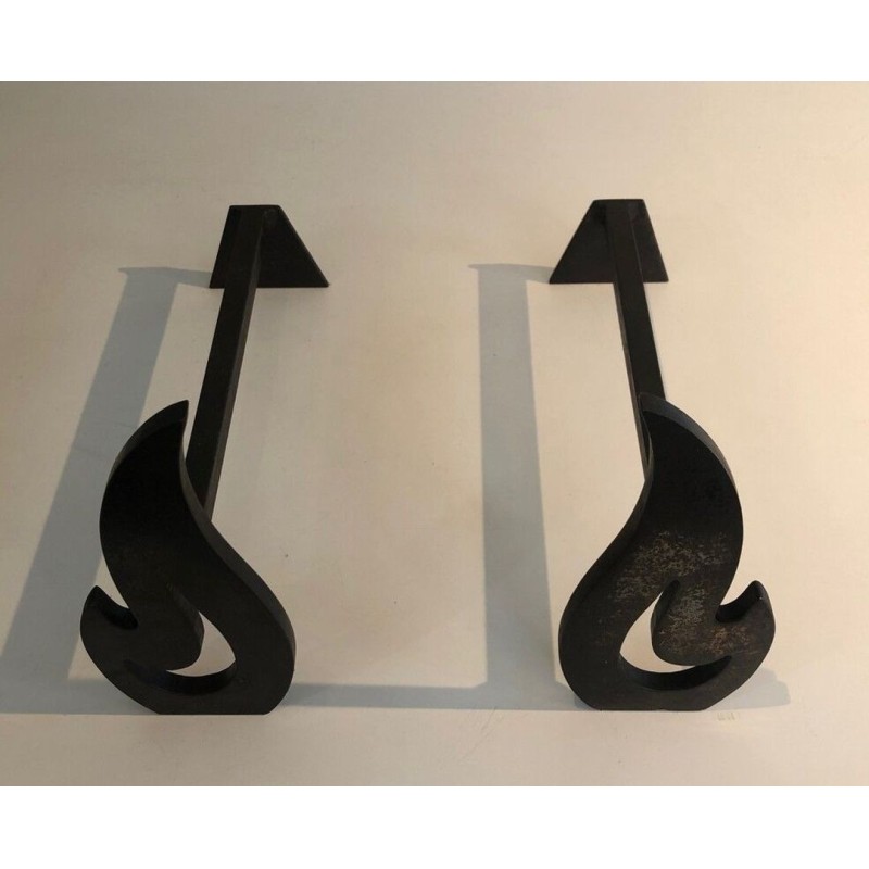 Pair of Modernist Cut-Steel Flame-Form Andirons. France. Circa 1970.