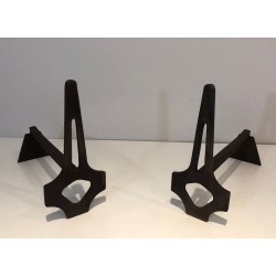 Pair of Geometric Modernist Steel and Iron Andirons with A-Frame Structure. France. Circa 1970.