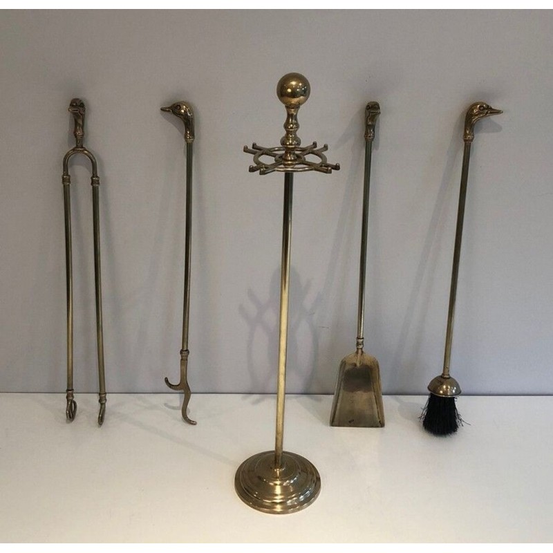 Neoclassical Brass Fireplace Companion Set with Duck-Head Sphere Finial. France. Circa 1970.