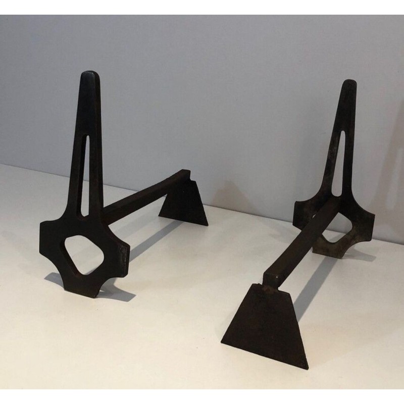 Pair of Geometric Modernist Steel and Iron Andirons with A-Frame Structure. France. Circa 1970.