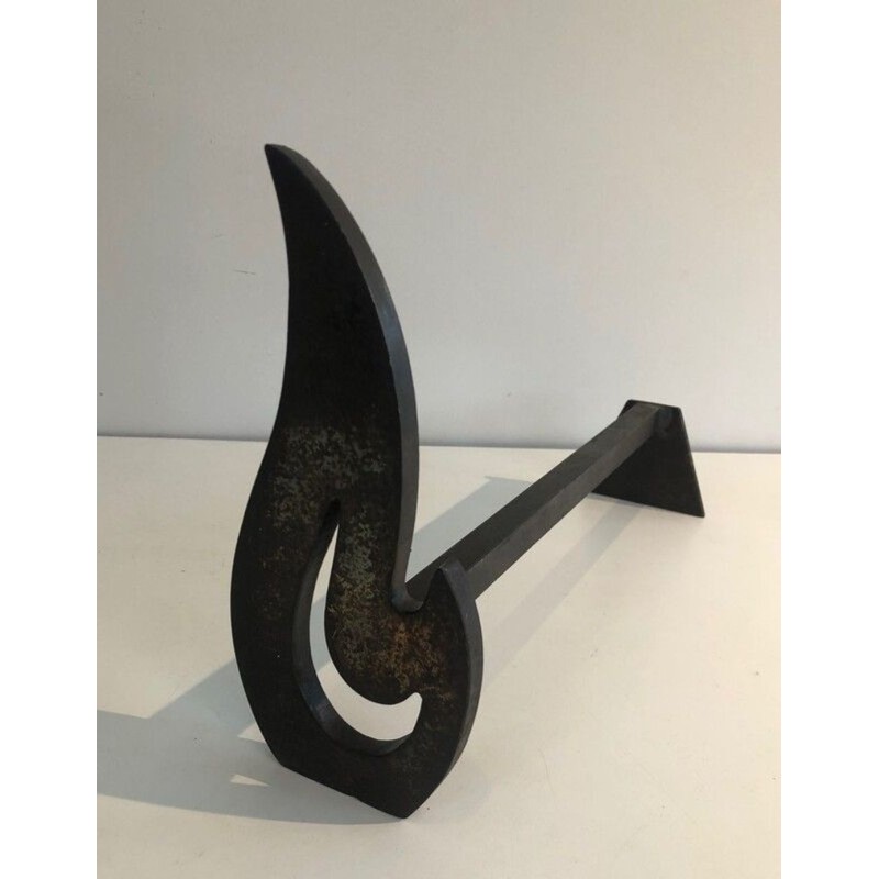 Pair of Modernist Cut-Steel Flame-Form Andirons. France. Circa 1970.