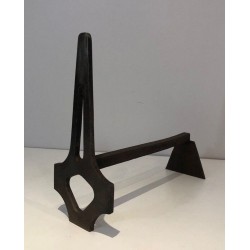 Pair of Geometric Modernist Steel and Iron Andirons with A-Frame Structure. France. Circa 1970.