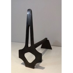 Pair of Geometric Modernist Steel and Iron Andirons with A-Frame Structure. France. Circa 1970.