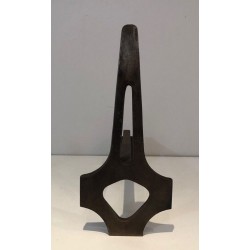 Pair of Geometric Modernist Steel and Iron Andirons with A-Frame Structure. France. Circa 1970.