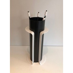 Black and White Lacquered Modernist Fireplace Companion Set with Cylindrical Stand. France. Circa 1980.