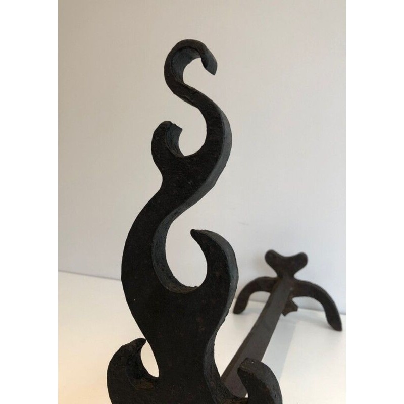 Pair of Cast Iron and Wrought Iron Andirons with Flame Decoration. France. Circa 1940.