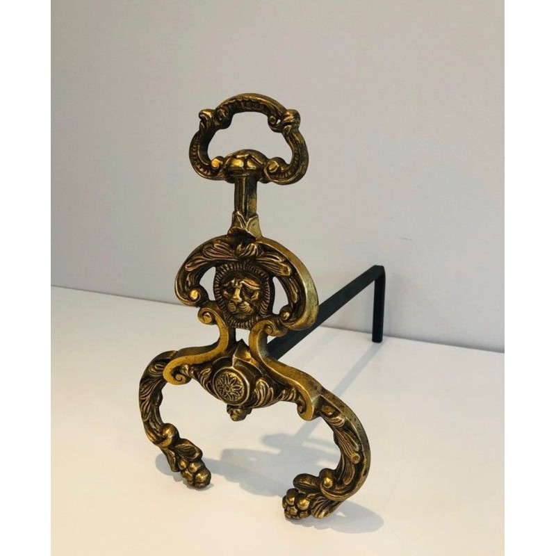 Pair of Neoclassical Bronze and Wrought Iron Andirons with Lion Mascarons. France. Circa 1940.