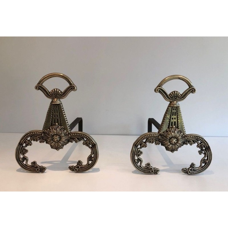 Pair of Neoclassical Bronze Andirons with Foliate Decoration and Scroll Feet. France. Circa 1900.
