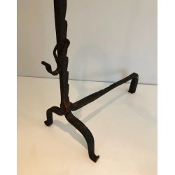 Pair of Tall Wrought Iron Landiers with Cup Finials. France. 17th Century.