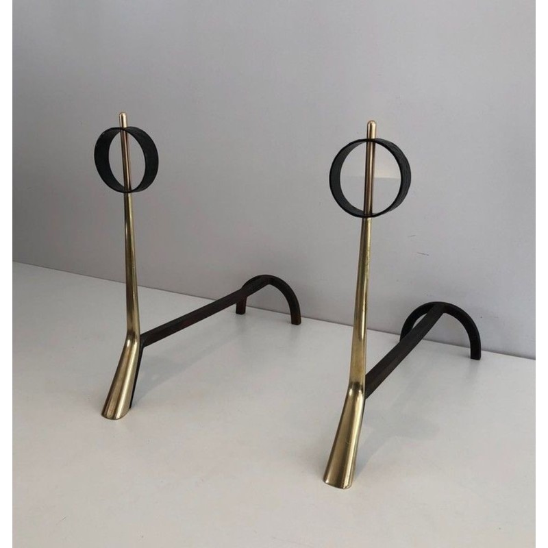 Pair of Modernist Brass and Wrought Iron Andirons with Ring Finials. Italy. Circa 1950.