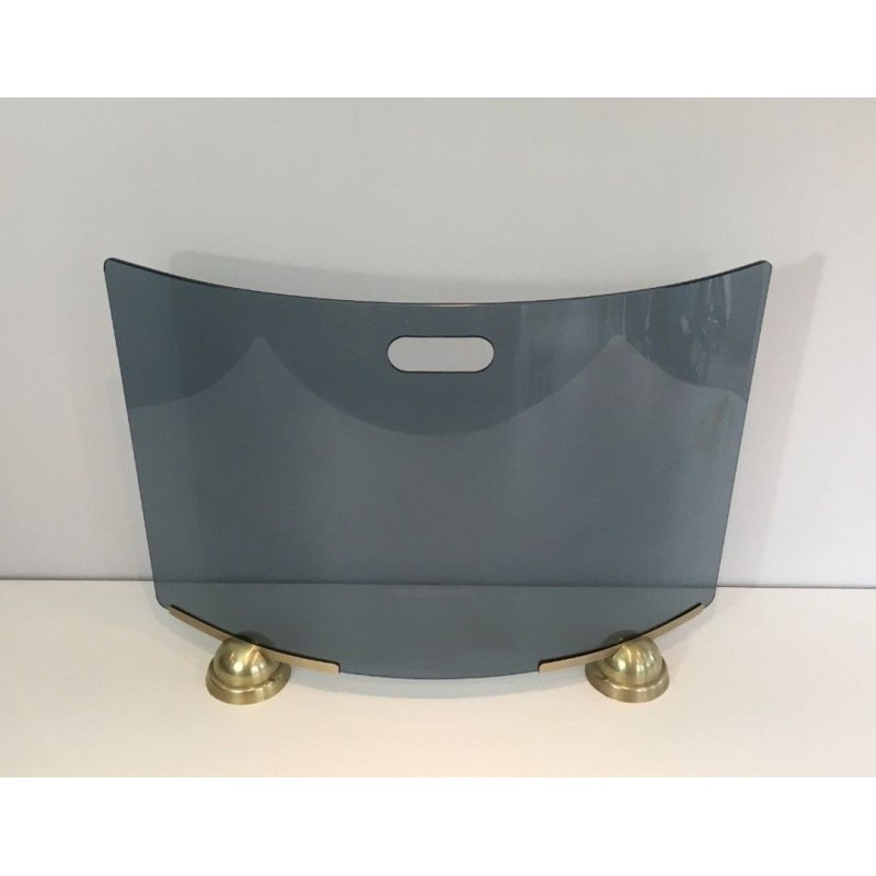 Modernist Curved Blue Glass Fireplace Screen on Brass Feet. Fontana Arte. Italy. Circa 1970.