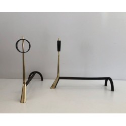 Pair of Modernist Brass and Wrought Iron Andirons with Ring Finials. Italy. Circa 1950.