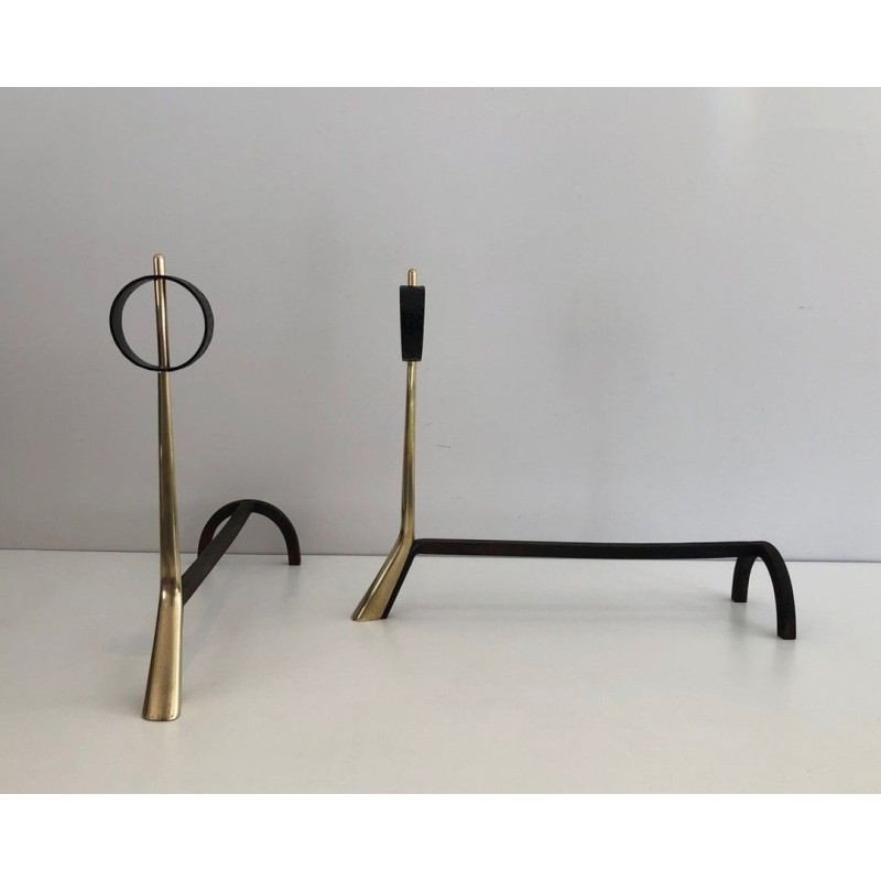 Pair of Modernist Brass and Wrought Iron Andirons with Ring Finials. Italy. Circa 1950.