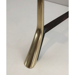 Pair of Modernist Brass and Wrought Iron Andirons with Ring Finials. Italy. Circa 1950.