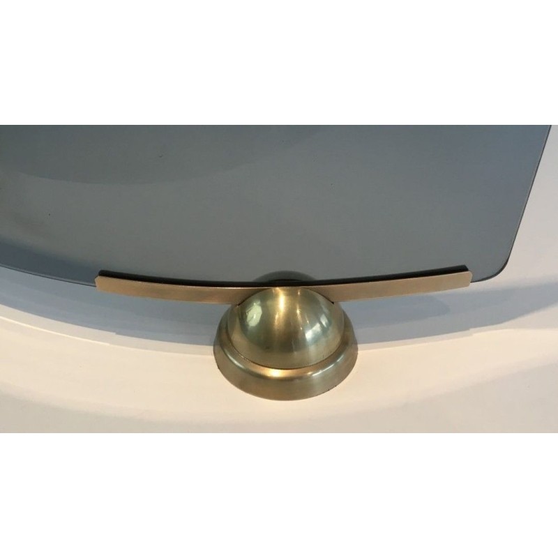 Modernist Curved Blue Glass Fireplace Screen on Brass Feet. Fontana Arte. Italy. Circa 1970.