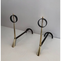 Pair of Modernist Brass and Wrought Iron Andirons with Ring Finials. Italy. Circa 1950.