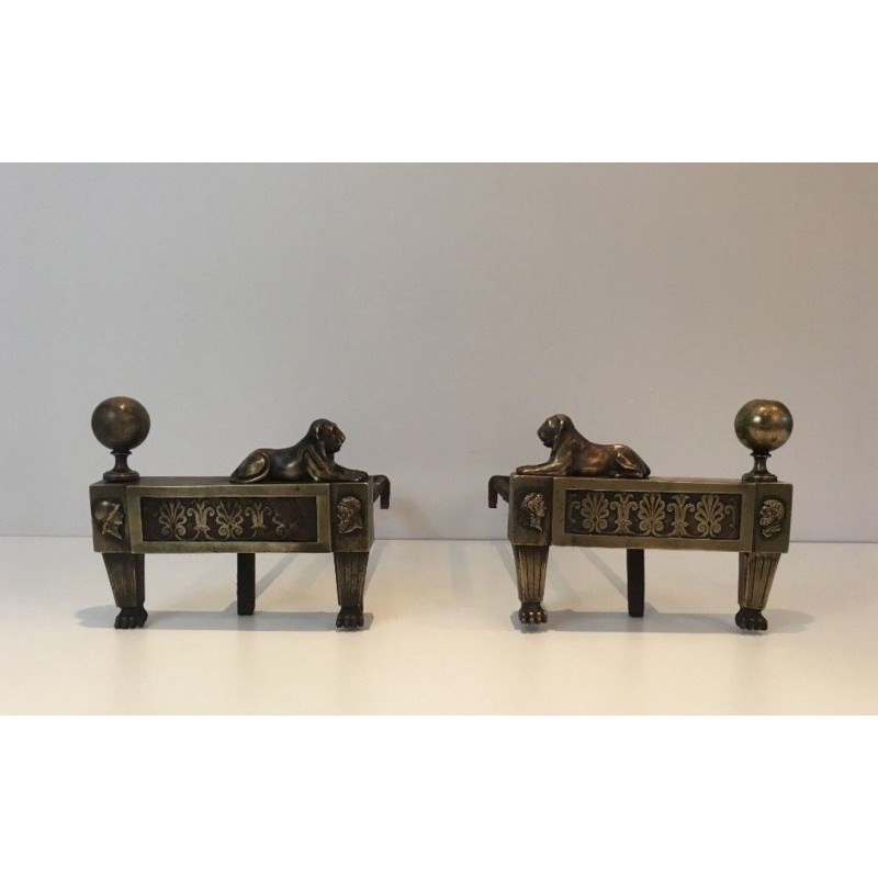 Pair of Empire-Period Bronze Andirons with Recumbent Lions, France, circa 1850