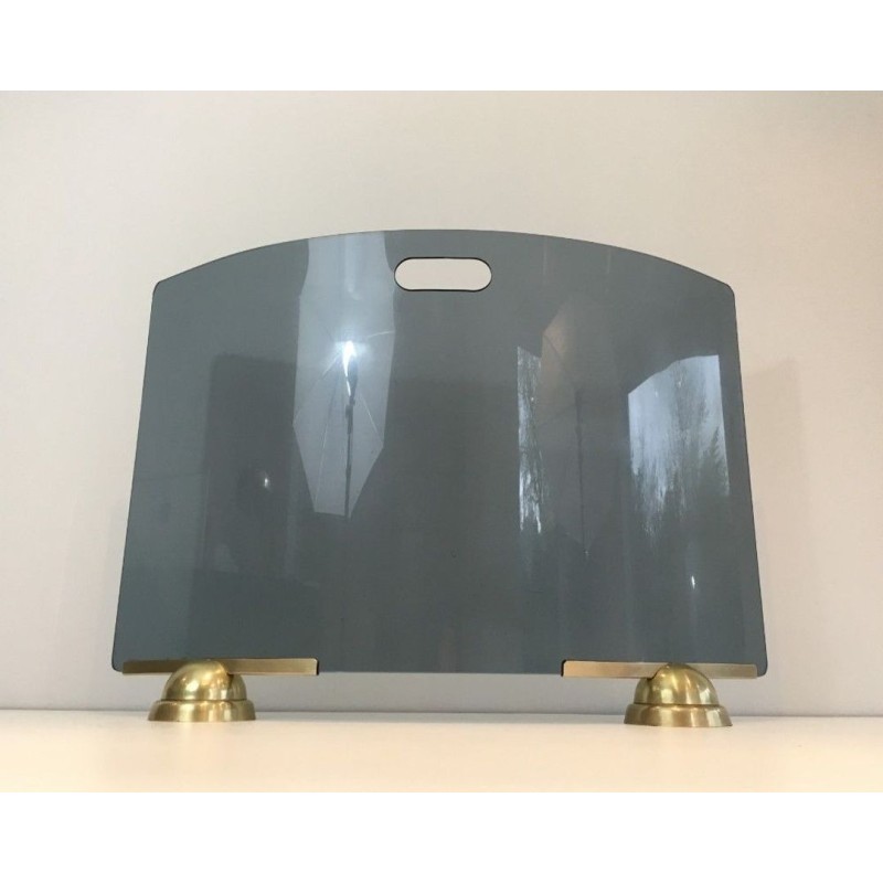 Modernist Curved Blue Glass Fireplace Screen on Brass Feet. Fontana Arte. Italy. Circa 1970.