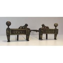 Pair of Empire-Period Bronze Andirons with Recumbent Lions, France, circa 1850