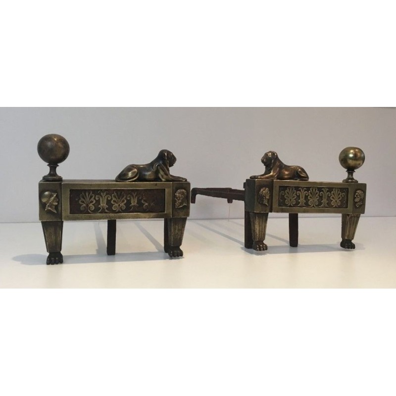 Pair of Empire-Period Bronze Andirons with Recumbent Lions, France, circa 1850