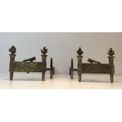 Pair of Empire-Style Bronze Chenets with Flambeau Finials and Chased Foliate Frieze, France, circa 1850