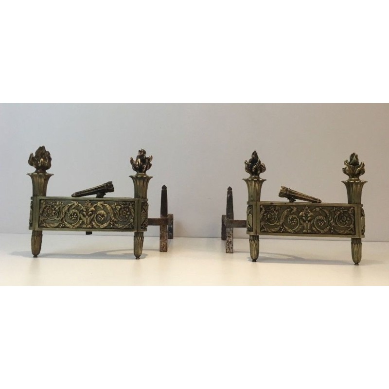 Pair of Empire-Style Bronze Chenets with Flambeau Finials and Chased Foliate Frieze, France, circa 1850