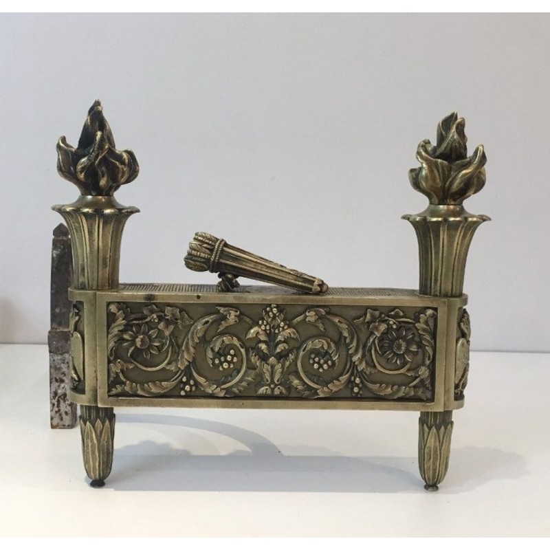 Pair of Empire-Style Bronze Chenets with Flambeau Finials and Chased Foliate Frieze, France, circa 1850