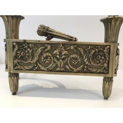 Pair of Empire-Style Bronze Chenets with Flambeau Finials and Chased Foliate Frieze, France, circa 1850