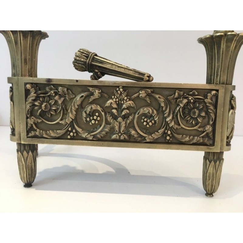 Pair of Empire-Style Bronze Chenets with Flambeau Finials and Chased Foliate Frieze, France, circa 1850