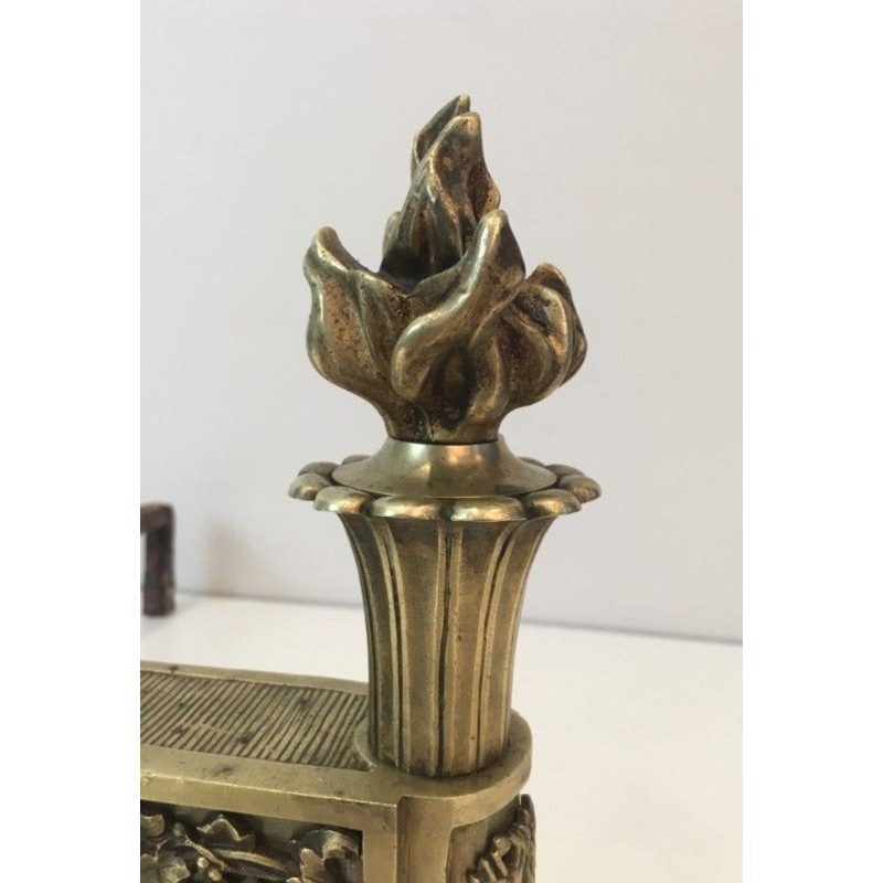 Pair of Empire-Style Bronze Chenets with Flambeau Finials and Chased Foliate Frieze, France, circa 1850